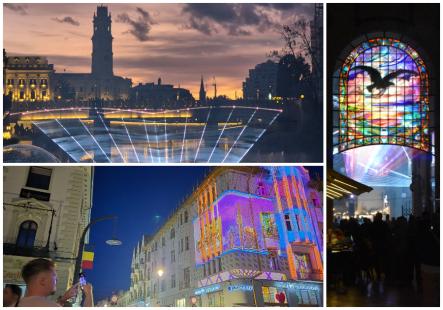 Sărbătoare Art Nouveau în centrul Oradiei: Proiecțiile luminoase de pe Crișul Repede și din pasajul Vulturul Negru au fost atracțiile serii (FOTO)