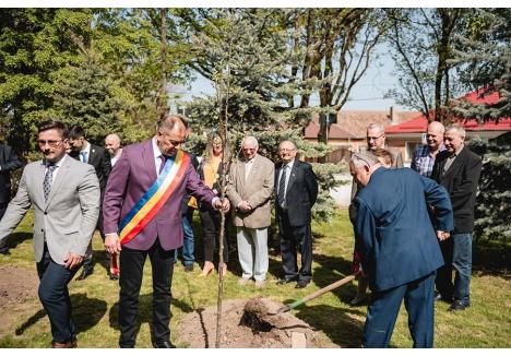 FĂRĂ GLORIE. Bătut în alegerile din 9 iunie, primarul Marghitei, Marcel Sas Adăscăliții (cu eșarfă tricoloră), încheie patru ani de mandat cu bilanț negativ: lasă proiecte nefinalizate, a îndatorat orașul și s-a îngrijit mai mult de imagine decât de rezultate. În primăvară, a patronat „ungerea” ca cetățeni de onoare a predecesorilor săi, Pocsaly Zoltán (dreapta) și Vasile Voicu, invitați să și planteze un arbore în amintirea ceremoniei, dar e greu de crezut că va fi onorat, cândva, la fel. Succesorul său, vicele Demian Zsolt (stânga), deja se plânge de „greaua moștenire”... (foto: Facebook / Zoe Photo)