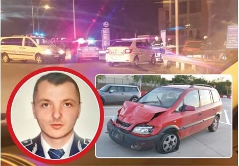 "EROUL NOSTRU". A doua zi după ce agentul Octavian Popa (medalion) a fost rănit în misiune, în accidentul provocat pe Centura Oradiei de Opelul furat (foto) de banda de copii, colegii de la Poliţia Română l-au felicitat pe pagina de Facebook a instituţiei, numindu-l "eroul nostru" şi amintind că "meseria de poliţist implică multe riscuri"