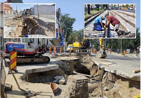 DOUĂ DIN TREI. Deschiderea traficului pe bulevardul Decebal și strada Avram Iancu se va face cel mai probabil abia din octombrie. Pe Decebal muncitorii lucrau săptămâna trecută la înlocuirea magistralei de apă (foto stânga), în timp ce pe Avram Iancu lucrările s-au împotmolit în intersecția din zona Parcului Bălcescu (foto mijloc). Înlocuirea liniei de tramvai din Calea Aradului (foto dreapta) este singura lucrare cu șanse de finalizare până la începerea noului an școlar