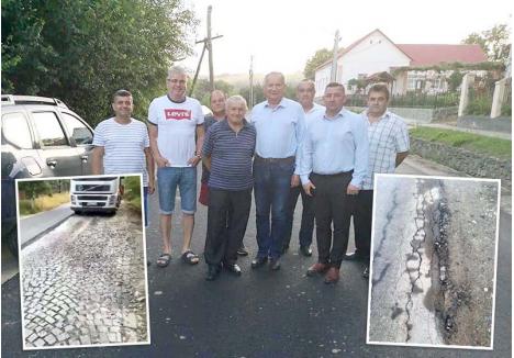 ÎN BATJOCURĂ. Localnicii din Popeşti au reclamat încă din vară că pe DJ 191B se punea asfalt nou fără o minimă nivelare a drumului (stânga), în doar câteva luni crăpăturile fiind extinse pe porţiuni de zeci de metri lungime (dreapta). Dacă în iulie lăuda „realizarea” cot la cot cu preşedintele Pásztor Sándor, acum vicele Ioan Mang îi ceartă pe localnicii care îndrăznesc s-o critice