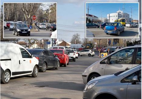 EVITAȚI! Aproape că nu există arteră importantă din Oradea pe care să nu se formeze ambuteiaje din cauza lucrărilor. Șoferii se plâng de coloanele care se formează pe strada Sfântul Apostol Andrei (stânga), la intrarea pe podul Decebal (mijloc) și în girația de la intersecția cu strada Primăriei (dreapta). „În sensul giratoriu trebuie găsită altă soluție. Înainte să vină tramvaiul se face roșu, iar după ce a trecut apare culoarea galben intermitent. De oriunde ai veni, nu ai niciodată verde”, spune președintele Camerei Taximetriștilor Bihor, Iosif Rad