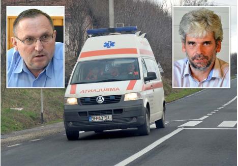 „DUREROS...”. Primarul Nagy Miklos (stânga) consideră „dureros că o persoană tânără moare și Salvarea nu ajunge la timp”. Ambulanța nu a greșit, susține, însă, șeful SMURD Bihor, dr. Hadrian Borcea (dreapta)