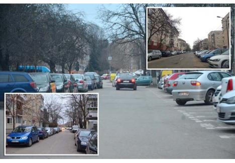 CINE DĂ MAI MULT? Criza locurilor de parcare la domiciliu din cartiere a făcut ca acestea să fie atribuite prin licitaţie pe străzi aglomerate precum Bumbacului (stânga), Onisifor Ghibu (mijloc) şi Traian Lalescu (dreapta)