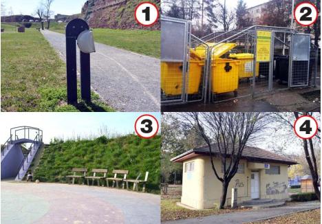 PESTE TOT. Vandalii provoacă distrugeri în toate cartierele oraşului. Dacă în şanţul Cetăţii au distrus inclusiv corpurile de iluminat (foto 1), în Rogerius au devalizat ţarcurile pentru gunoi (foto 2), în Nufărul băncile din parcul Salca II (foto 3), iar în zona centrală au dezafectat toaleta din Parcul Brătianu (foto 4)