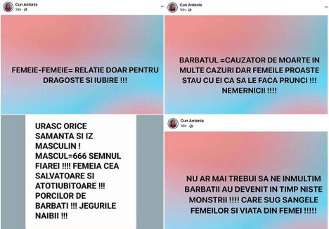 „MASCUL=666, SEMNUL FIAREI”. În zeci de mesaje postate pe Facebook, dr. Antonia Cun anunța că „urăsc orice sămânță și iz masculin”, căci „mascul = 666 semnul Fiarei”, „specie ratată, epavă și eșec al naturii”, pe când femeile sunt „salvatoare și atotiubitoare”, dar și „proaste”, fiindcă „stau cu bărbații ca să le facă prunci”. Prin urmare, și-a declarat convingerea că „nu ar trebui să ne mai înmulțim” și a pledat „pentru căsătoriile gay”. Pentru ca mesajele să nu fie folosite ca probe împotriva sa, le-a șters înainte să ajungă în fața Comisiei de Disciplină, unde a explicat că le-a eliminat pentru... „a nu ocupa un volum mare în pagina de memorie”