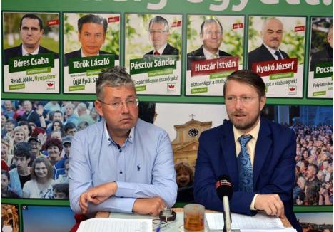 OAMENII-CHEIE. Alianţa UDMR cu PSD sau cu PNL depinde în mare măsură de Pasztor Sandor (stânga), deschizătorul listei de candidaţi la CJ, şi de preşedintele executiv Szabo Odon (dreapta). Dacă maghiarii bat palma cu PSD, e semn că acesta din urmă îl va detrona pe actualul preşedinte Alexandru Kiss; dacă se înţeleg cu PNL "moştenitorul" acestuia va fi, cel mai probabil, Pasztor