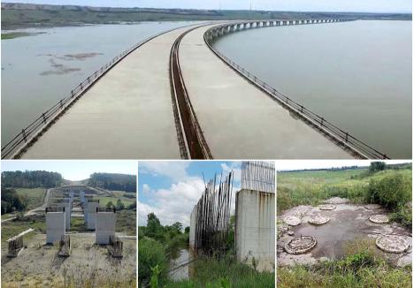 RISIPĂ RECORD. Pe cei 415 km ai A3, cea mai scumpă lucrare, de 200 milioane euro, este viaductul de 1,8 km realizat de Bechtel peste acumularea de la Suplacu de Barcău (foto). Un „ciot” și costisitor, și inutil, de vreme ce atât pe lotul Suplac – Chiribiș (foto sus), cât și pe Chiribiș – Biharia (jos) lucrările sunt blocate, primul trebuind finalizat peste doi ani, iar celălalt anul acesta