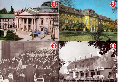 TRADIȚIE ȘI INOVAȚIE. În anii 1960-1970, în Oradea funcționau instituții active de zeci de ani, precum Teatrul, în sediul ridicat în 1899-1900 (foto 1), sau Muzeul Țării Crișurilor, mutat în 1971 în Palatul Baroc, proaspăt restaurat (foto 2). În 1949 fusese înființată Filarmonica de Stat, cu sediul în clădirea din strada Moscovei unde funcționează și acum (foto 3). O entitate nouă a apărut la finalul anilor ’60: Casa de Cultură a Sindicatelor, în actualul Parc 1 Decembrie (foto 4).