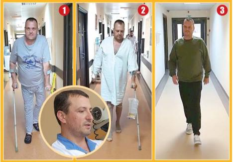 O NOUĂ ŞANSĂ. În urmă cu 5 luni, Tiberiu Silaghi ajungea pe mâinile dr. Jorgaq Tona (medalion) deplasându-se cu greu, în două cârje (foto 1). A doua zi de la operaţie (foto 2) umbla deja pe holul spitalului cu o singură cârjă, iar acum (foto 3) chiar poate să alerge