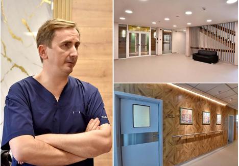 DE EXCEPȚIE. Secția condusă de dr. Dănuț Dejeu e diferită încă din casa scărilor (dreapta), cu design, finisaje și mobilier moderne. Holul poate fi confundat cu recepția unui hotel scump sau cu o galerie de artă: pereții sunt decorați cu tablouri reprezentând palate emblematice și organe ale corpului uman. „A fost ideea soției”, spune chirurgul