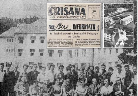 GAUDEAMUS IGITUR! Institutul Pedagogic a funcţionat în clădirile fostei Şcoli de Jandarmi (foto), ridicate în 1912-1913 de arhitectul Vágó József şi convertite pentru săli de curs, laboratoare, spaţii de cazare şi o bibliotecă. Deschiderea festivă a primului an de învăţământ a avut loc în 1 octombrie 1963 (medalion). În anii ’60, cu un număr de studenţi în creştere, campusul a fost extins cu o cantină şi două cămine cu 670 de locuri, o bază sportivă cu terenuri de fotbal, volei, baschet şi tenis şi locuinţe pentru profesori