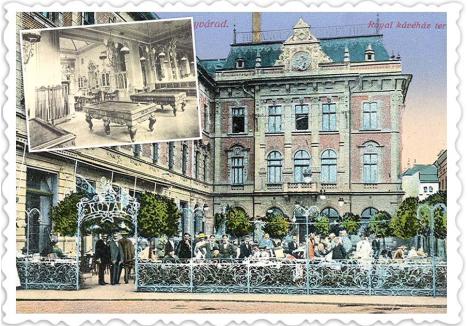 LUXOS ȘI PRIMITOR. Una dintre cele mai renumite cafenele din Oradea era Royal, aflată la parterul Hotelului și Băilor Rimanóczy. Inaugurat pe 15 octombrie 1900, la scurt timp după deschiderea fastuoasă a Teatrului, localul era finisat cu decorații neobaroce și secession, motive florale, arcuri decorative, oglinzi, precum și putto (bebeluși băieți dolofani) în diferite ipostaze, după specificul spațiului: bând, cântând și jucând jocuri de noroc. Clienții puteau să consume alimente și băuturi, să joace biliard și jocuri de noroc și să asiste la reprezentări artistice. În fața cafenelei se afla una dintre cele mai cochete grădini de vară din urbe, ambele funcționând zeci de ani