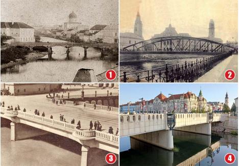 NECESAR DUPĂ VREMURI. Poate cel mai cunoscut pod din Oradea este podul Ladislau, care leagă Piețele Unirii și Ferdinand. Aici a existat un pod din lemn încă din secolul XVIII, conectând Újváros (Orașul nou) de Olosig, pod distrus de viituri în 1817, 1851 și 1886, dar mereu refăcut (foto 1). În 1893 a fost construit un  pod din fier (foto 2), dinamitat în toamna lui 1944 de trupele fasciste în retragere din calea armatelor română și sovietică. În scurt timp, în 1948 era construit podul din beton armat, cu doi piloni (foto 3), modernizat în perioada 2015-2016 (foto 4)