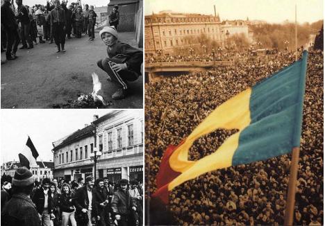 STEAGUL LIBERTĂȚII. Pe 22 decembrie 1989, după-amiază, centrul Oradiei s-a umplut cu mii de oameni care voiau plecarea de la putere a soților Ceaușescu și ieșirea României din comunism. Manifestația a fost spontană și pașnică. Mai mulți indivizi au reușit să pătrundă în Primărie, dedându-se la furturi, alții au început să-i escaladeze fațada, în timp ce în balcon a fost arborat drapelul tricolor cu stema decupată. Majoritatea însă doar au scandat și au ascultat vorbitorii ieșiți la balcon, aducând imagini și documente specifice regimului pentru a le arde în fața clădirii (foto: fortepan.hu/Halas István)