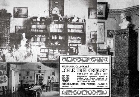 PRINTRE CĂRŢI. Revista Cele Trei Crişuri era pregătită într-o redacţie plină cu cărţi. Fondată odată cu Reuniunea, "biblioteca populară" a fost deschisă pe 18 aprilie 1920, fiind "prima bibliotecă românească publică din Oradea-Mare". Prin revistă, asociaţia făcea apel către autori, edituri şi public să ofere cărţi, urmând ca actele de generozitate să fie anunţate în numerele următoare. Biblioteca era deschisă publicului, cu posibilitatea împrumutării, fondul de carte crescând la peste 6.500 exemplare în română, franceză, germană, italiană şi engleză, cărora li se adăugau ziare şi reviste