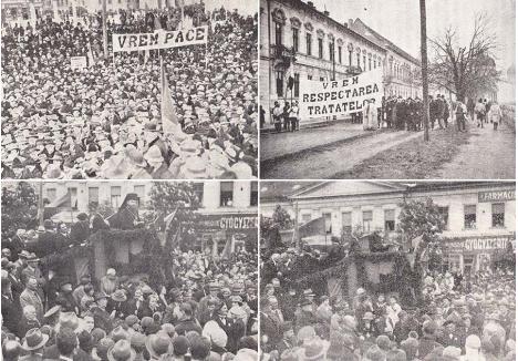 CENTRU PLIN. Protestele antirevizioniste din 27 noiembrie 1932 și 28 mai 1933 au adunat în piața centrală a Oradiei și pe străzile adiacente mii de oameni veniți din toate colțurile Bihorului. Fotografii din timpul protestelor au fost publicate de Casa Națională în volumul „Bihorul, strajă la hotare”, în 1933. Mulțimea purta bannere și pancarte prin care cerea pace (foto 1), respectarea tratatelor de după Marele Război privitoare la granițe (foto 2), în Piața Unirii având loc mai multe discursuri, inclusiv ale episcopului ortodox de Arad, Andrei Crișanul (foto 3), și ale celui greco-catolic de Oradea, Valeriu Traian Frențiu (foto 4)