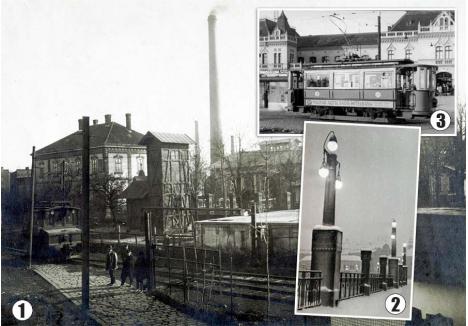ORAȘ „LA CURENT”. Aflată în plină modernizare la începutul anilor 1900, Oradea a făcut cunoștință cu electricitatea prin construirea Uzinei Electrice (foto 1). Energia electrică a fost folosită la început în spațiul public și în sediile principalelor instituții, în Primărie, școli și spitale, treptat extinzându-se și în casele oamenilor. Iluminatul public a trecut de la gaz la becuri electrice, iar stâlpii, între care și cei proiectați de arhitecții Vágó József și László pe malul Crișului (foto 2), au fost modernizați. Producerea electricității a permis și înființarea rețelei de transport cu tramvaiul (foto 3), inaugurate în aprilie 1906