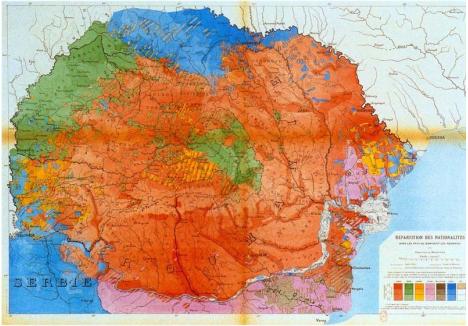 PE BAZĂ ETNICĂ. Una dintre preocupările lui de Martonne a fost studiul etnografic al spațiului românesc. Analizând populația fiecărei zone, din Crișana până în Basarabia și din Banat până în Dobrogea, geograful le-a putut sintetiza componența etnică, în final realizând o hartă în care a evidențiat etnia majoritară, cea românească (cu roșu), pe care a prezentat-o la Conferința de Pace de la Paris din 1919. Marile Puteri au considerat-o suficient de argumentată pentru a fi de acord cu propunerile de delimitare a granițelor României Mari