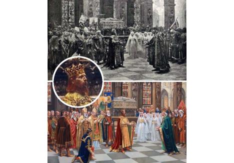 GĂSIŢI DIFERENŢELE! Asemănătoare în compoziţie, tablourile lui Bihari Sandor (sus) şi Valentin Tănase (jos) diferă radical în detalii. Sfânta Coroană purtată de Sigismund în primul tablou e înlocuită în cel de-al doilea cu una oarecare, inspirată - culmea! - dintr-un alt tablou al autorului maghiar (detaliu) 
