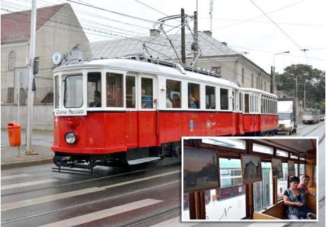PLIMBARE VIENEZĂ. După o restaurare conform schiţelor originale, tramvaiul fabricat în 1928 a fost pus în circulaţie la finalul săptămânii trecute, unul dintre vagoanele acestuia fiind decorat cu imagini de epocă din Oradea