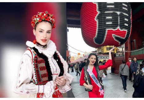 PE PODIUM. Ada Maria Ileana, profesoară de engleză, se află în aceste zile la Tokyo, de unde a publicat mai multe fotografii cu cojocul binșenesc (stânga), dar și unele în care purta o vestă cu motive folclorice din Gorj (dreapta), tânăra de 25 de ani fiind o iubitoare a portului popular românesc (Sursa foto stânga: Mosses Portraits, foto dreapta: Facebook - Ada Maria Ileana)