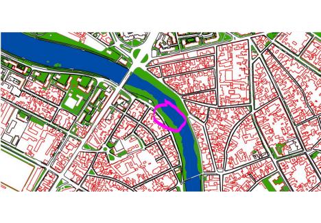 Captură din hărţile Registrului local al spaţiilor verzi. Zona şantierului este evidenţiată