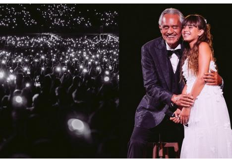 Andrea Bocelli și fiica sa, Virginia, pe scenă la un concert recent desfășurat în Toscana (foto: Facebook / Andrea Bocelli, @lucarossettiph @lorenzo.montanelli)