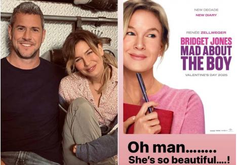 Ant Anstead şi Rene Zellweger (în stânga) şi afişul noului film din seria Bridget Jones foto montaj: people.com