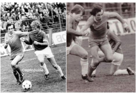 Dumitru Ile în timpul carierei de fotbalist. În imaginea din stânga, în duel cu László Bölöni (sursa foto: Facebook, Cătălin Doble)