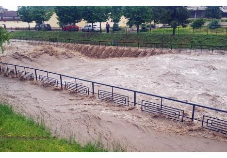 În Beiuş, Valea Nimăieşti ameninţă să se reverse în oraş. Promenada de pe malurile râului a fost deja inundată (foto: Dan Popa)