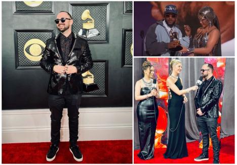 Sergiu Gherman pe covorul roşu la Premiile Grammy / Kendrick Lamar ridicând premiul pentru „cel mai bun album rap” (dreapta sus)