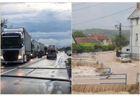 Şoseaua E60 a fost blocată temporar joi seara în Bihor la ieşire din Aleşd spre Tinăud (foto stânga). În localităţile din zona Alşed apele fac ravagii (foto dreapta). Imagini: Aleşd Online şi Bihoreanul