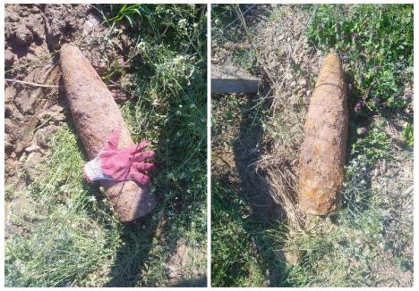 Un proiectil similar, de un calibru aşa mare, a mai fost descoperit în primăvara anului trecut, în satul Biharea (foto: arhiva ISU Crişana)