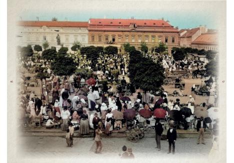 Zi de târg în piața centrală a Oradiei, la finalul anilor 1890. Fotografie din colecția de Muzeului Țării Crișurilor, colorizată de Adrian Buzaș și publicată în volum