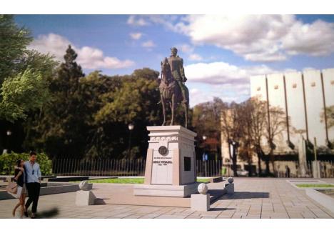 Statuia lui Mihai Viteazul va fi amplasată în zona Centrului Civic, în vecinătatea Casei de Cultură a Sindicatelor, într-o piațetă care va purta numele domnitorului român (foto: randare trimisă de Primăria Oradea)