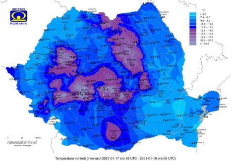 Meteorologul a postat şi harta ANM din noaptea respectivă, care arată că minimele înregistrate oficial au fost mult mai diferite decât temperatura din Padiş
