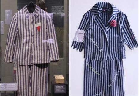 O uniformă purtată de un deținut politic la Auschwitz (stânga) și costumul de mire pentru copii de Halloween vândut de Zara (dreapta) (Sursa: The Independent / Credit: Jam Press)
