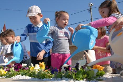 Dealul panseluţelor: Sute de flori plantate de copii lângă fântâna Companiei de Apă (FOTO)