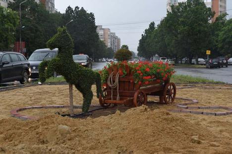 Faţa oraşului: O căruță cu flori e trasă de un căluț vegetal pe bulevardul Dacia (FOTO)
