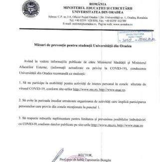 Universitatea din Oradea nu mai permite delegaţii în zonele cu coronavirus