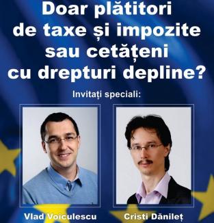 Judecătorul Cristi Danileţ şi fostul ministru tehnocrat al Sănătăţii, Vlad Voiculescu, la o dezbatere organizată de Oradea Civică