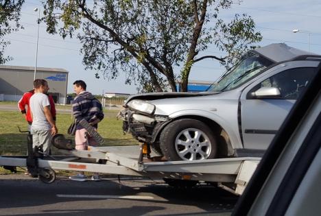 Maşină distrusă pe Şoseaua Borşului: Şoferul s-a izbit de un stâlp (FOTO)