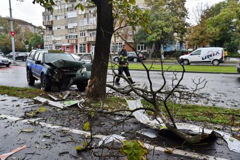 Accident pe Calea Aradului. O maşină de teren s-a izbit de un copac, şoferul e la spital (FOTO/VIDEO)