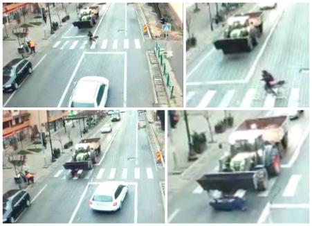 VIDEO Accident cu fugă în Salonta: Fără permis, la volanul unui tractor, a izbit o femeie pe trecerea de pietoni şi a plecat