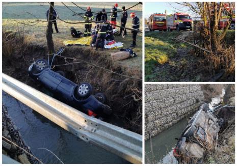 Accident grav în Bihor: Șofer din Oradea, în stop cardio-respirator, după ce a ieşit cu maşina în decor şi a căzut într-un pârâu (FOTO)