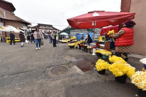 Oameni şi maşini: Vânzătorii de flori din Piaţa Cetate a Oradiei sunt ţinuţi în ploaie, dar vehiculele lor, la adăpost (FOTO)