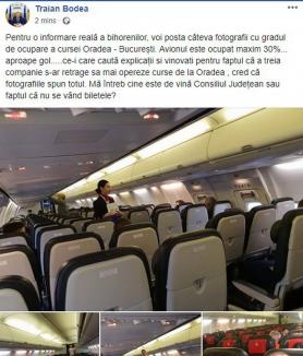 Vicepreşedintele CJ Bihor, Traian Bodea, s-a pozat într-un avion Blue Air să arate că nu sunt pasageri pe ruta Oradea - Bucureşti (FOTO)