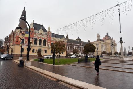 Bradul de Crăciun a fost înălţat în Piaţa Unirii din Oradea. A început şi montarea ghirlandelor luminoase (FOTO)