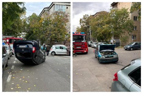 Accident în Oradea: Maşină ABA Crişuri, cu roţile în sus, după ce s-a ciocnit cu un alt autoturism în Rogerius (FOTO)